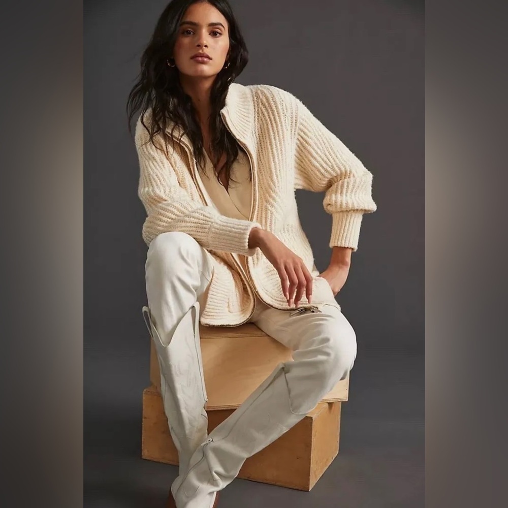 ANTHROPOLOGIE Pilcro Chunky Knit Zip Up Sweater Jacket Size Oversized Cream XS. - Picture 11 of 12